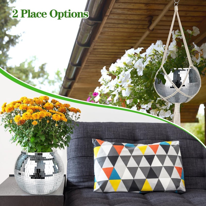 FGBNM Disco Ball Planter, 1pcs 9” Silver Disco Ball Planter, Disco Ball Plant Hanger with Hanging Rope, Hanging Chain, Hook, Circle and Extra Mirror Pieces - Image 4